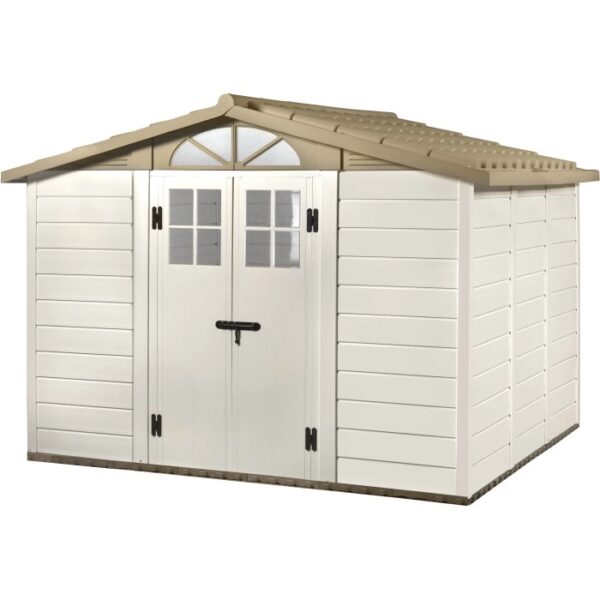 Casetta da giardino in plastica bianca e beige. Ideale per riporre gli attrezzi da giardino.
