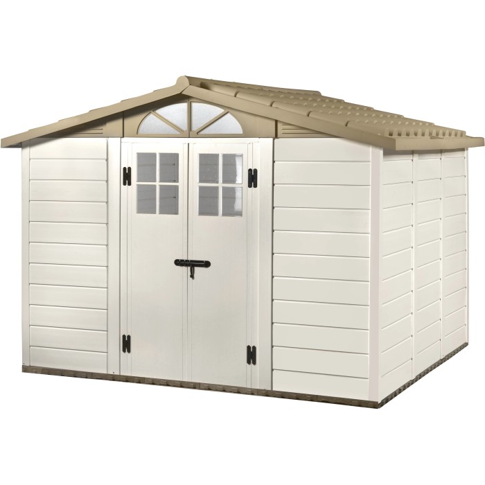 Casetta da giardino in plastica bianca e beige. Ideale per riporre gli attrezzi da giardino.