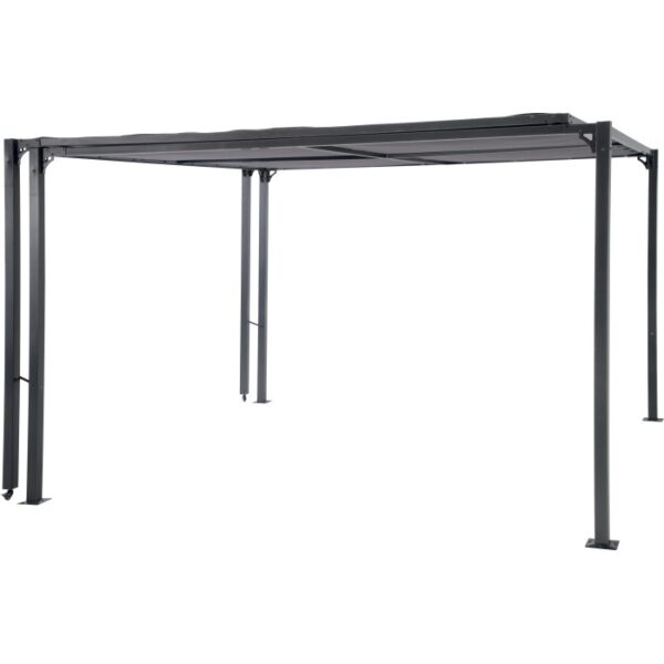 Gazebo grigio t.b.t. con tetto rettangolare per il giardino.