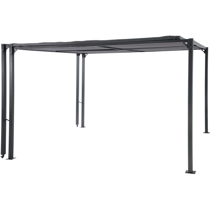Gazebo grigio t.b.t. con tetto rettangolare per il giardino.