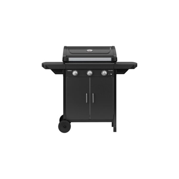 Carrello barbecue nero t.b.t. con tre bruciatori e mobile base per campeggio e giardino.