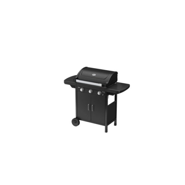 Barbecue a gas nero con tre bruciatori, ripiani laterali e armadietto.