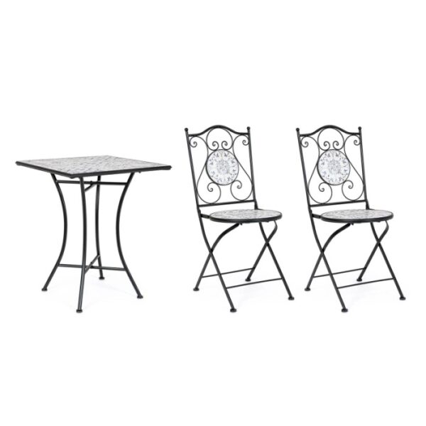Set bistrot pieghevole ERICE per giardino/balcone: tavolo bistrot con 2 sedie, mosaico in ceramica, struttura in acciaio.