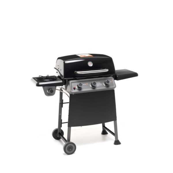 Barbecue a gas t.b.t. nero con tre bruciatori e ripiano laterale per OBI.