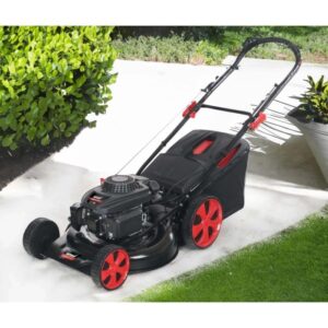 Tagliaerba a scoppio nero con dettagli rossi. Ideale per il giardino.