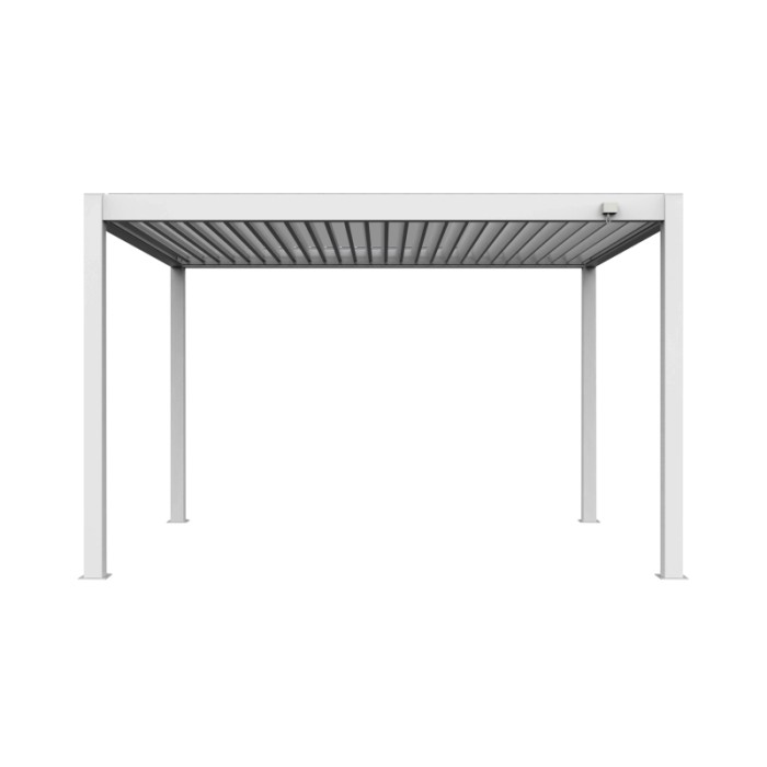 Gazebo t.b.t. bianco moderno con tetto a lamelle.