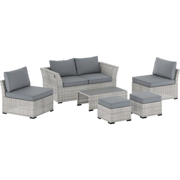 Set lounge divano Hopevale 6 pezzi in wicker grigio con tavolo e cuscini grigi.