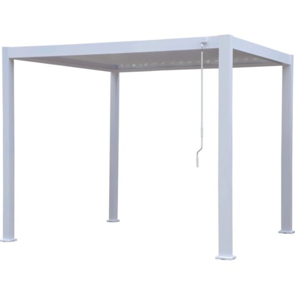 Gazebo t.b.t. bianco con meccanismo a manovella per protezione solare.