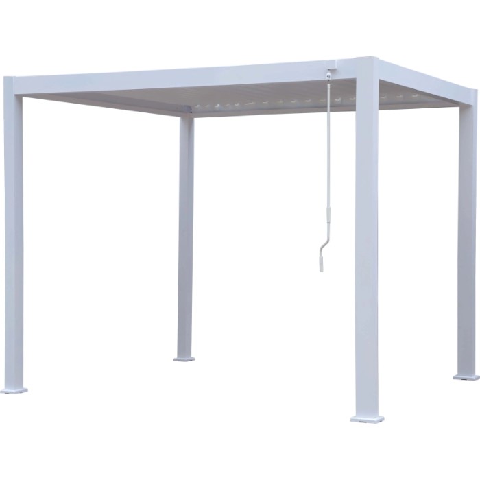 Gazebo t.b.t. bianco con meccanismo a manovella per protezione solare.