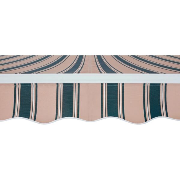 Dettaglio di una tenda da sole t.b.t. a strisce beige e verde scuro.