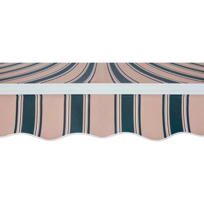 Dettaglio di una tenda da sole t.b.t. a strisce beige e verde scuro.