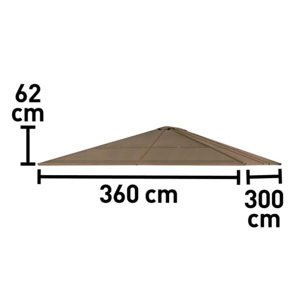Disegno tecnico del t.b.t. per protezione solare, dimensioni: 62 cm altezza, 360 cm lunghezza, 300 cm larghezza.