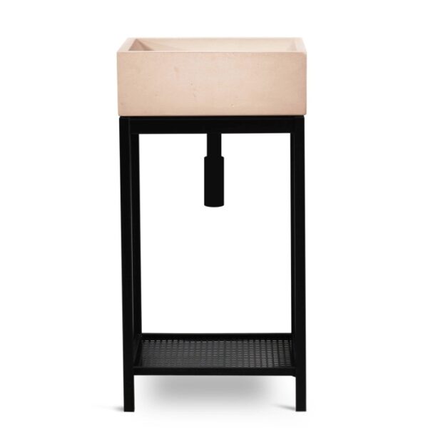 Fontana da giardino t.b.t. con vasca beige su struttura in metallo nero.