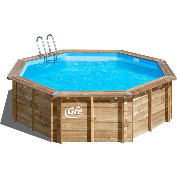 Piscina ottagonale in legno Gre Violette 2, Ø 500 x 127 cm, con scaletta e rivestimento in legno marrone.