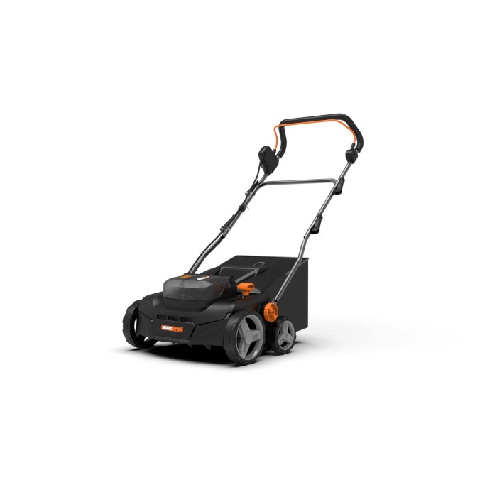 Scarificatore a batteria Worx 40 V WG855E.9 nero e arancione, vista laterale.