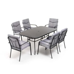 Set di mobili da giardino grigio con tavolo e 6 sedie per patio e giardino.