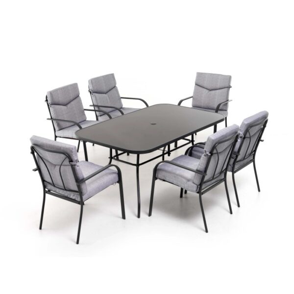 Set di mobili da giardino grigio con tavolo e 6 sedie per patio e giardino.