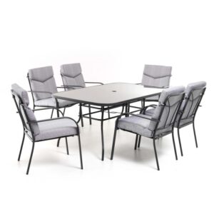 Set di mobili da giardino grigio con tavolo e 6 sedie per giardino o patio.
