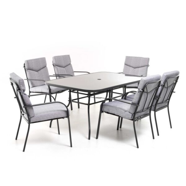 Set di mobili da giardino grigio con tavolo e 6 sedie per giardino o patio.