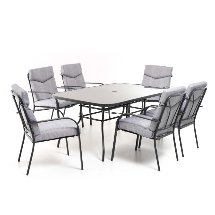 Set di mobili da giardino grigio con tavolo e 6 sedie per giardino o patio.