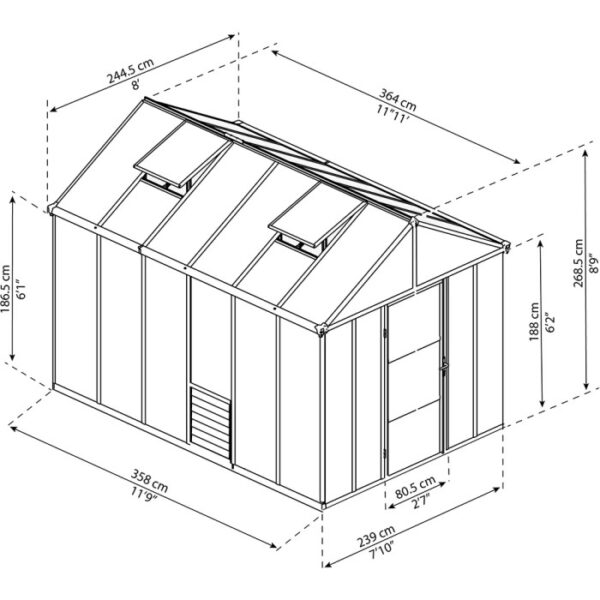 Disegno tecnico: serra Palram Canopia Glory 3.6x2.5, dimensioni e dettagli.