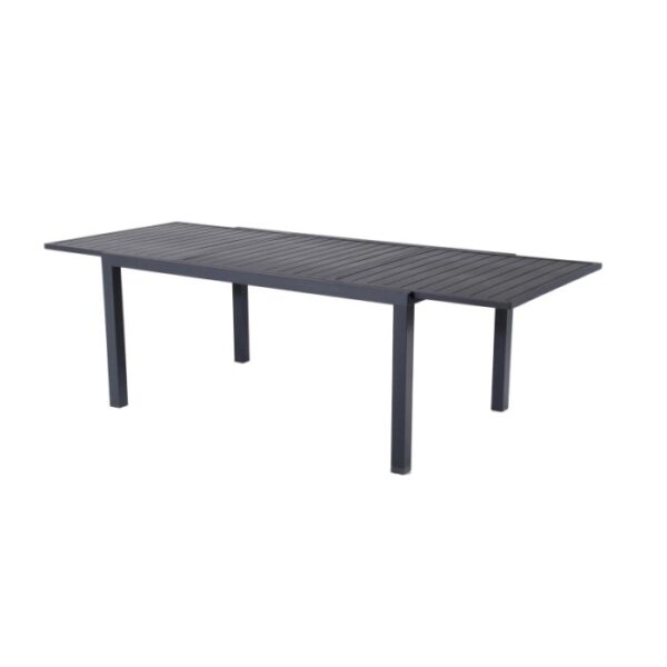 Tavolo da giardino grigio t.b.t. con piano rettilineo e quattro gambe.