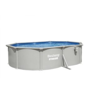 Piscina fuori terra ovale Bestway Hydrium con parete in acciaio grigio e rivestimento interno blu.