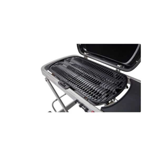 Barbecue a gas t.b.t. compatto con griglia e coperchio aperto. Ideale per il trasporto.