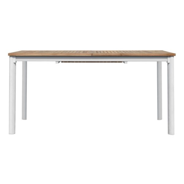 Tavolo da giardino moderno con piano in legno e struttura bianca.
