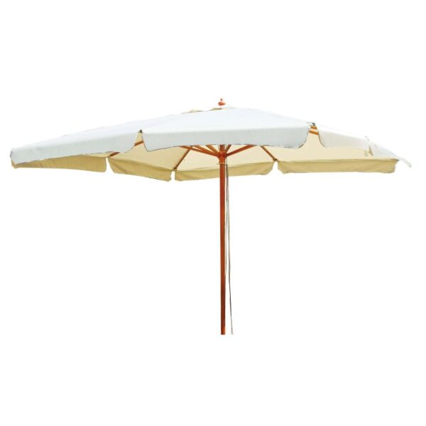 Ombrellone t.b.t. con supporto in legno e telo chiaro.