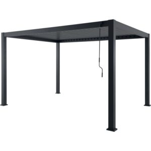 Gazebo t.b.t. moderno grigio con tetto a lamelle e meccanismo a manovella.