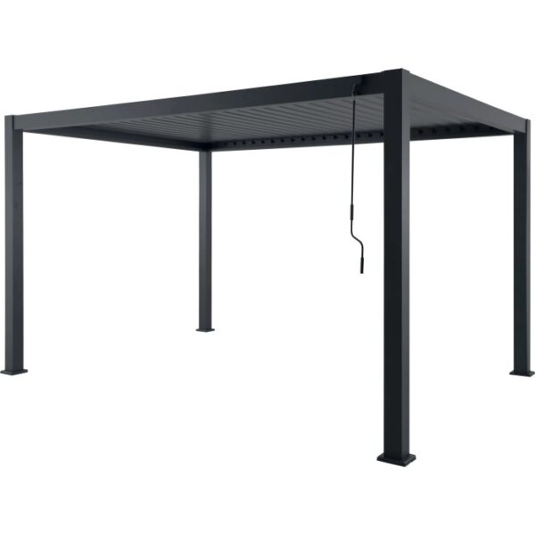 Gazebo t.b.t. moderno grigio con tetto a lamelle e meccanismo a manovella.