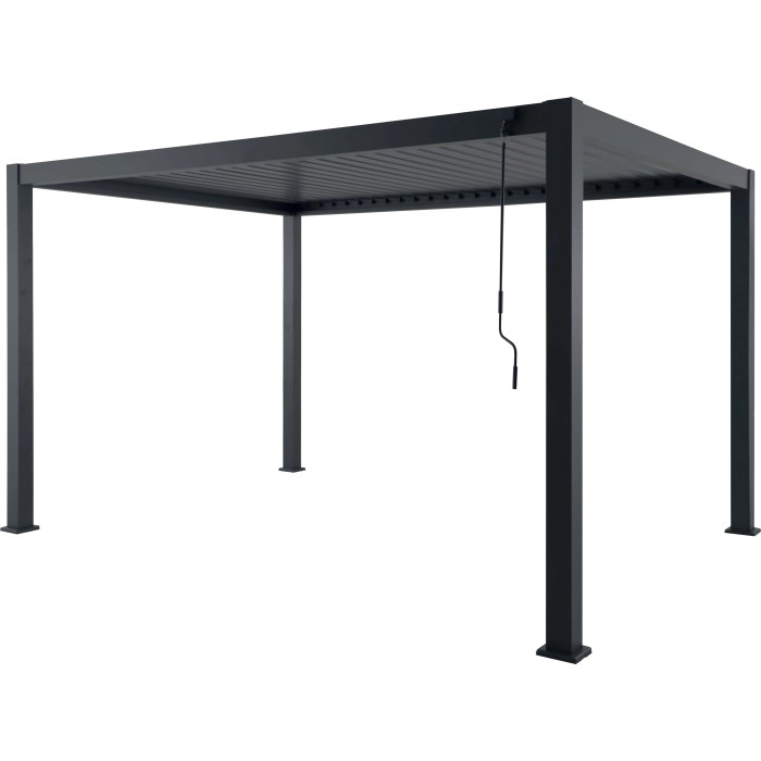 Gazebo t.b.t. moderno grigio con tetto a lamelle e meccanismo a manovella.