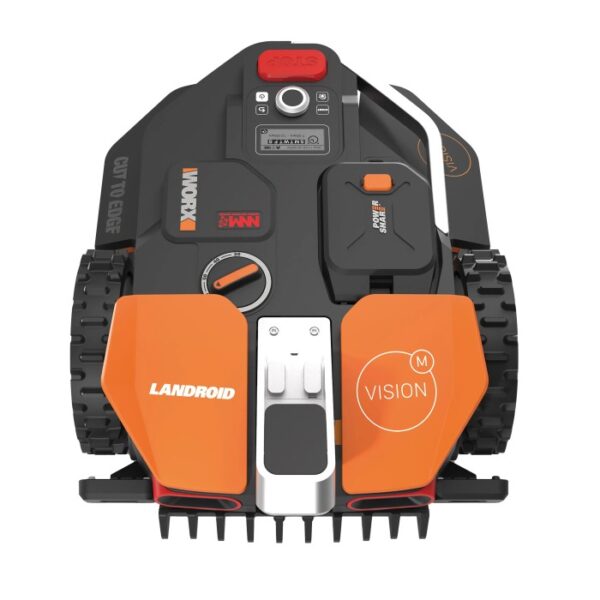 Worx Landroid Vision M600 robot tagliaerba, vista frontale. Robot rasaerba senza filo perimetrale.