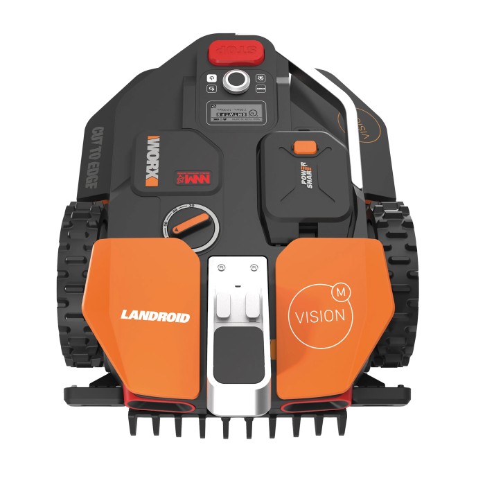 Worx Landroid Vision M600 robot tagliaerba, vista frontale. Robot rasaerba senza filo perimetrale.