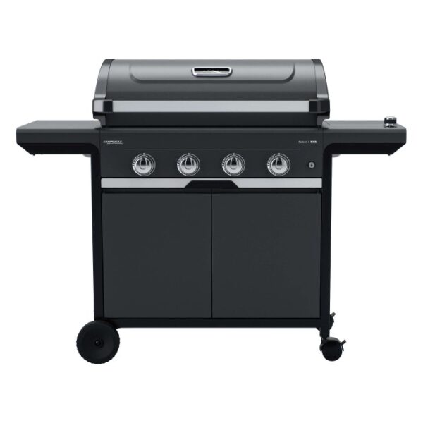 Barbecue a gas nero con quattro bruciatori e ripiani laterali.