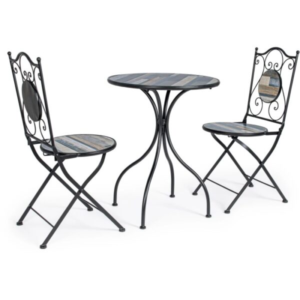 Set di mobili da giardino t.b.t. con tavolo e due sedie in metallo e legno.