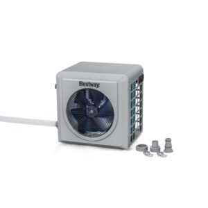 Pompa di calore per piscina Bestway, corpo grigio con ventola blu e accessori.