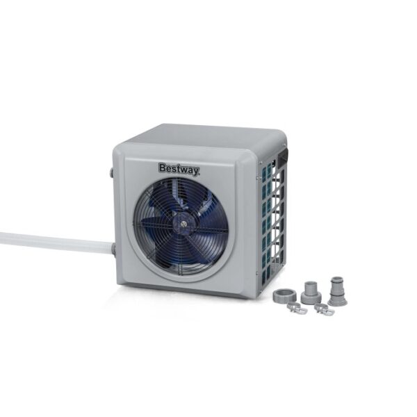 Pompa di calore per piscina Bestway, corpo grigio con ventola blu e accessori.