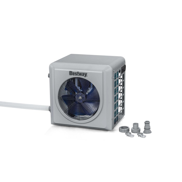 Pompa di calore per piscina Bestway, corpo grigio con ventola blu e accessori.