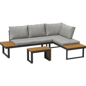 Set lounge Lipson a 3 pezzi in legno di acacia e alluminio grigio con cuscini e guanciali grigio chiaro.