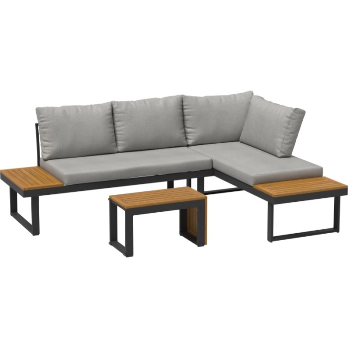 Set lounge Lipson a 3 pezzi in legno di acacia e alluminio grigio con cuscini e guanciali grigio chiaro.