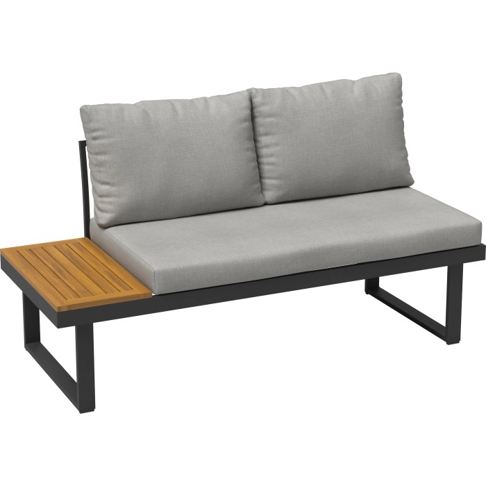 Set lounge Lipson a 3 pezzi in legno di acacia e alluminio grigio con cuscini e guanciali grigio chiaro.