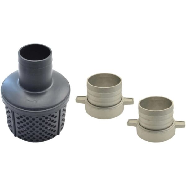 Accessori per motopompa: filtro di aspirazione e raccordi per tubo.