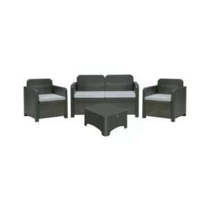 Set di mobili da giardino grigio: divano, due poltrone e tavolo. Ideale per terrazza e giardino.