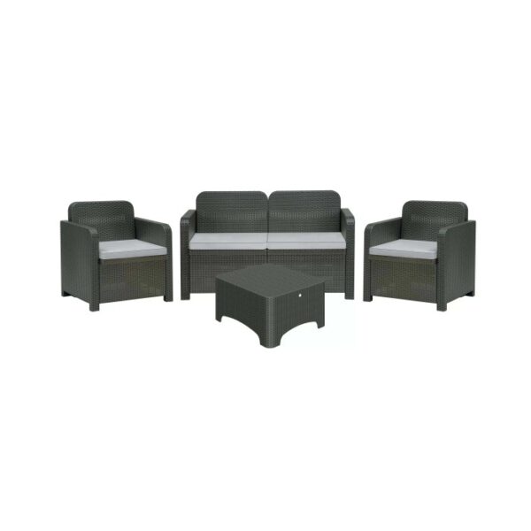 Set di mobili da giardino grigio: divano, due poltrone e tavolo. Ideale per terrazza e giardino.