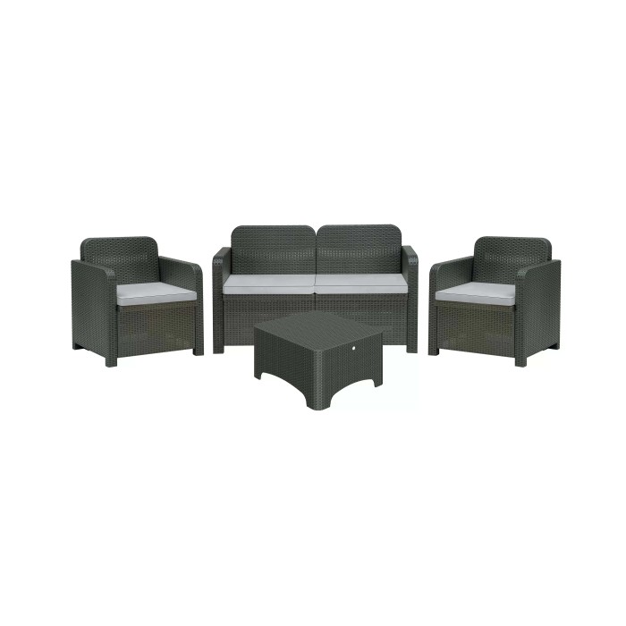 Set di mobili da giardino grigio: divano, due poltrone e tavolo. Ideale per terrazza e giardino.