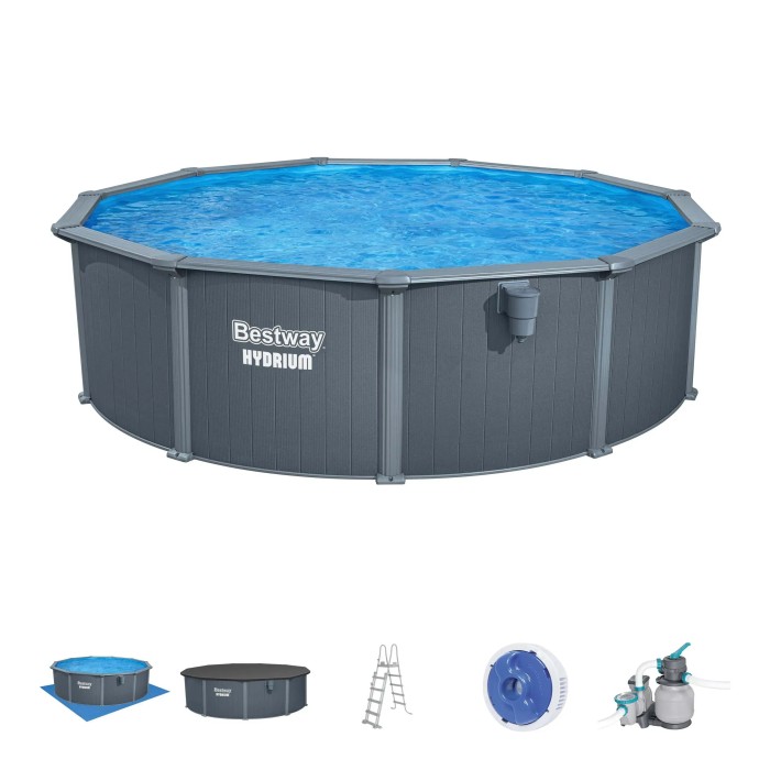 Set piscina Bestway Hydrium: Piscina con pareti in acciaio, scaletta, pompa filtro e accessori.