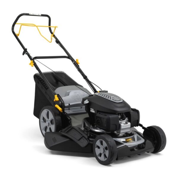 Tagliaerba a scoppio nero con cesto di raccolta. Ideale per il taglio del giardino.