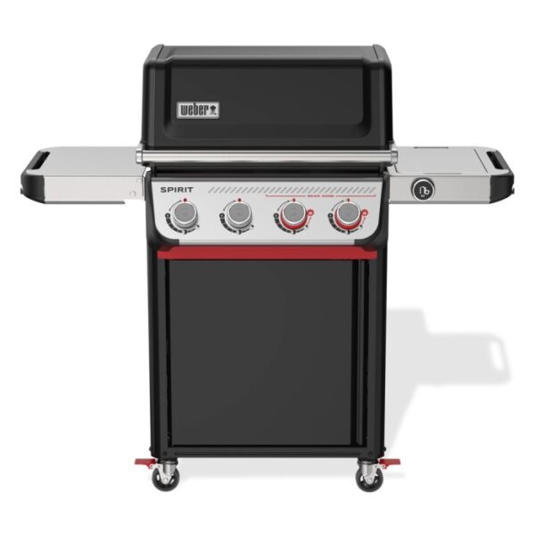 Barbecue a gas nero t.b.t. con tavolini laterali argentati e accenti rossi.